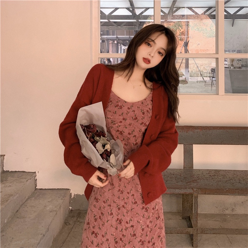 Váy xinh📌FREESHIP📌Set trang phục váy hoa nhí hồng đất kết hợp áo khoác cardigan len phong cách trẻ trung thu đông