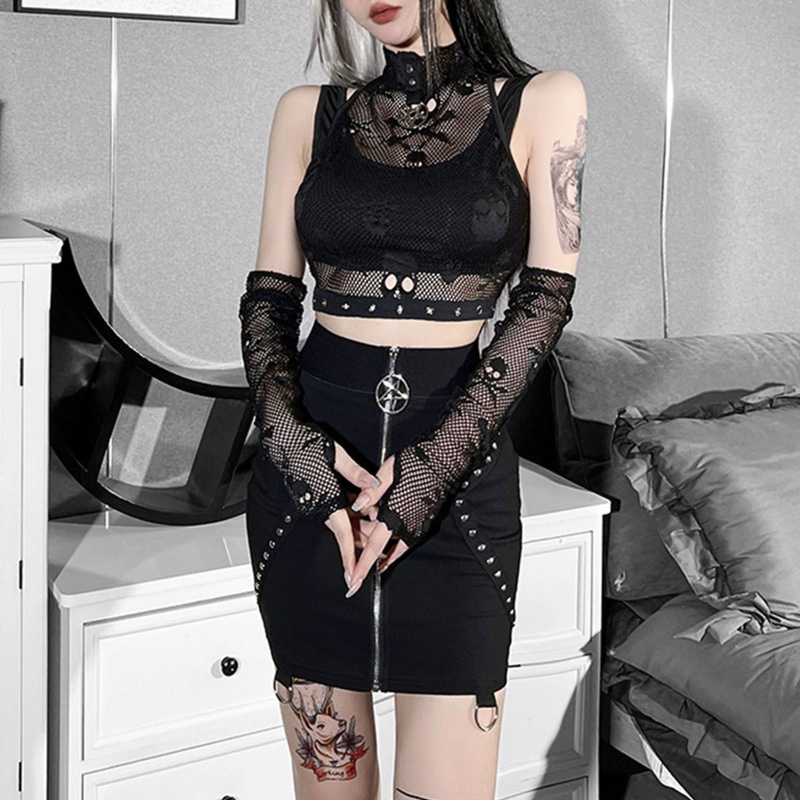 Áo Croptop Sát Nách Phối Lưới Phong Cách Đường Phố Gợi Cảm Thời Trang Cho Nữ