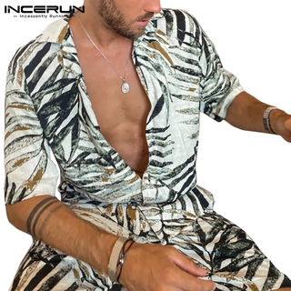 Bộ đồ hai mảnh INCERUN gồm áo + quần in họa tiết lá tay ngắn phong cách đơn giản dành cho nam