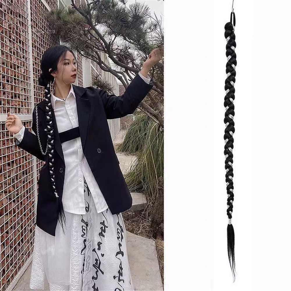 Bím Tóc Giả Bằng Sợi Tổng Hợp Màu Trắng Đen Dành Cho Nữ DIY