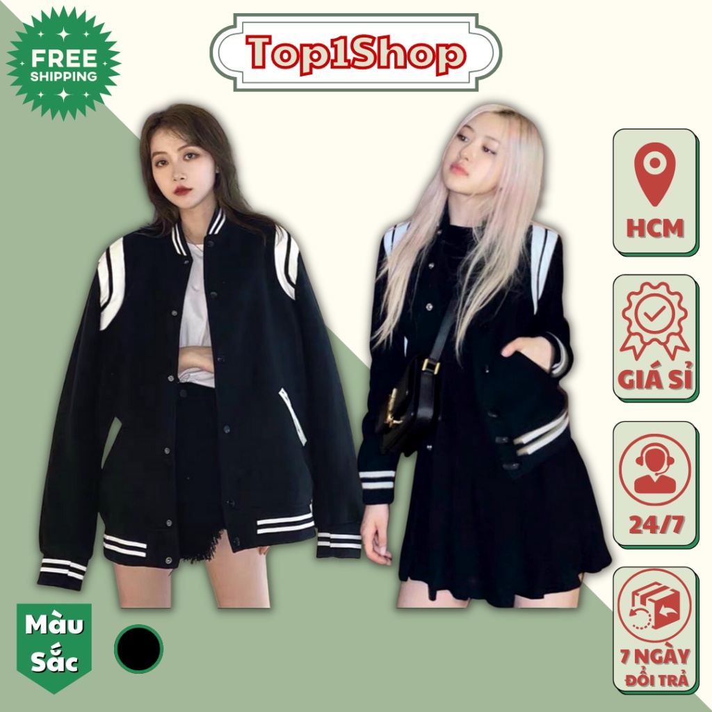 Áo khoác nữ bomber nam viền sọc vai đóng nút chất nỉ dày cao cấp form rộng