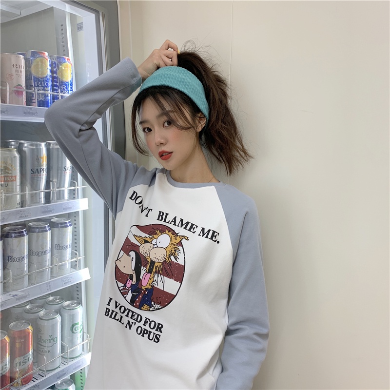 Áo Thun Tay Dài Dáng Rộng In Họa Tiết Hoạt Hình Phối Màu Xinh Xắn Thời Trang Mùa Thu