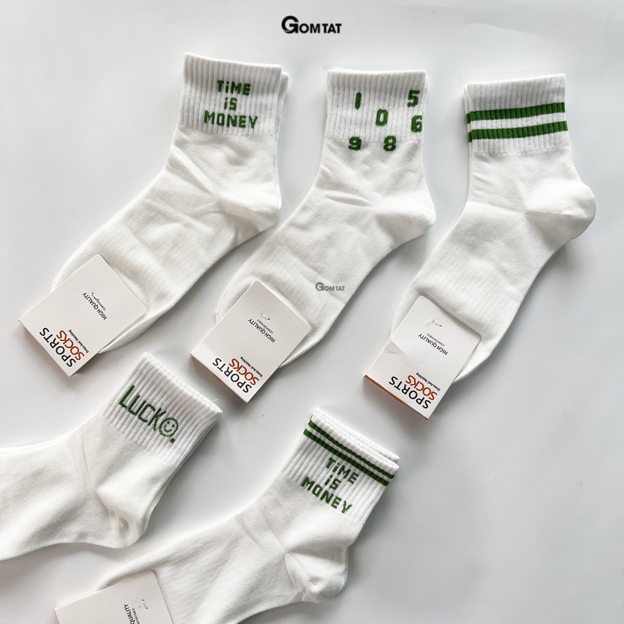 Set 5 đôi tất vớ nữ cổ trung GOMTAT họa tiết màu xanh cute, chất liệu cotton cao cấp thoáng khí - LISU14-LUNG-XANH-TIME