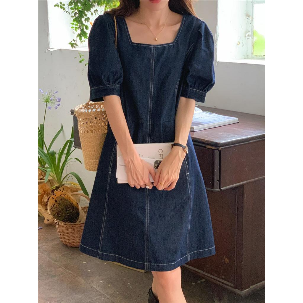 Đầm Denim Chữ A Cổ Vuông Ngắn Tay Dáng Rộng Thời Trang Hàn Quốc 53100