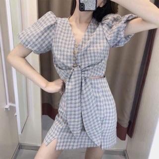 SET CARO ÁO CROP NÚT GIẢ GỖ CỘT NƠ EO