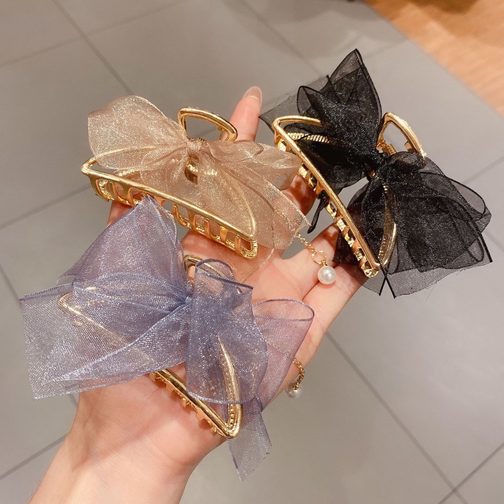 Kẹp Tóc Hình Nơ Lưng Đính Ngọc Trai Xinh Xắn Cho Nữ