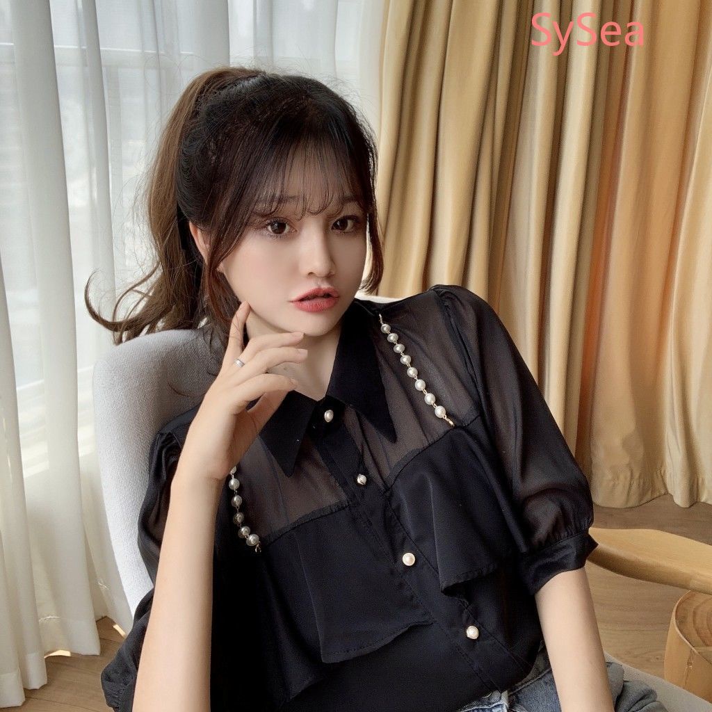 Áo sơ mi nữ tay ngắn đính ngọc trai giả phong cách Pháp thời trang mùa hè