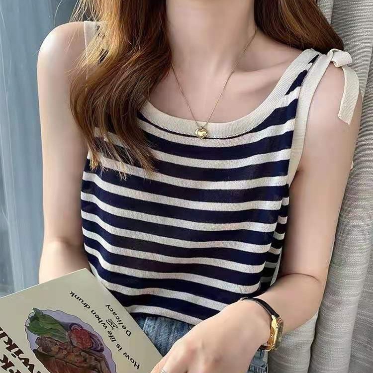 SUXI Áo Tank Top Dệt Kim Dáng Rộng Sát Nách Kẻ Sọc Đính Nơ Thời Trang Mùa Hè Cho Nữ
