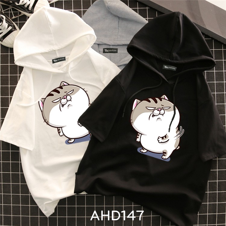 AHD147 Áo thun teen nam nữ HOODIE TAY LỠ CÓ NÓN hình mèo ami cáo