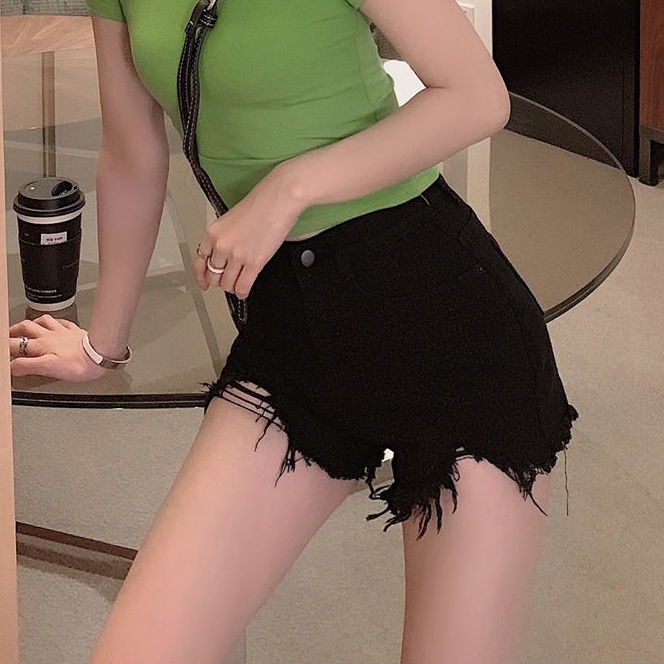 Quần short denim dáng chữ A ống rộng lưng cao phối rách lỗ kiểu Hàn Quốc thời trang mùa hè cho nữ 2021