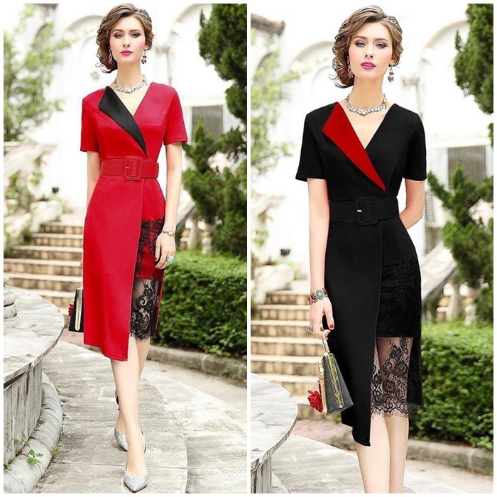 ĐẦM ÔM CỔ VEST XẺ TÀ PHỐI REN KÈM BELT - TSN31290