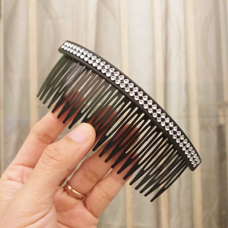 Lược cài tóc nhựa mềm đính hạt 2 hàng màu đen