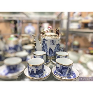 ẤM PHA TRÀ XANH bọc đồng cao cấp Bát Tràng vẽ cảnh trúc lâm thất hiền