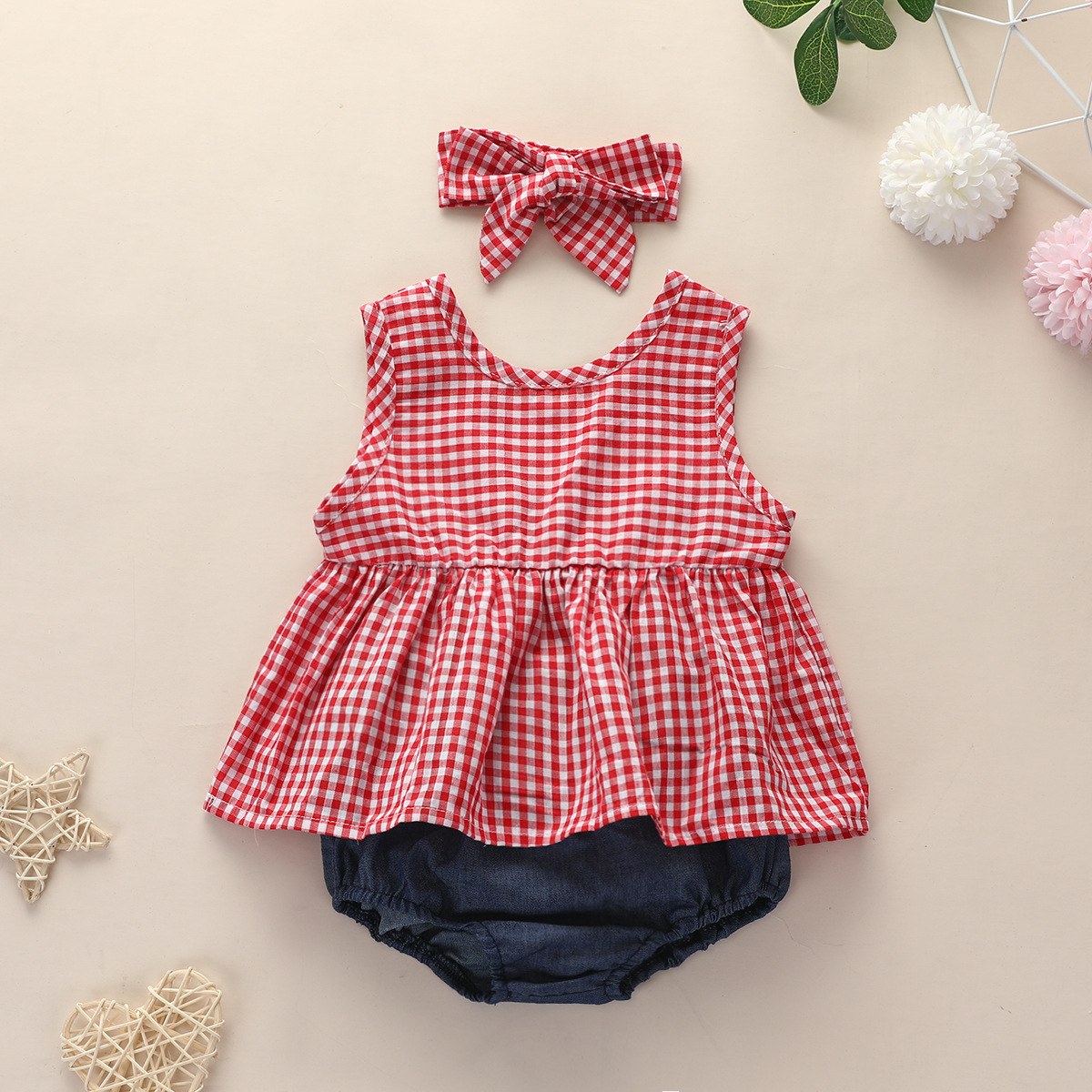 Set áo sát nách kèm quần short denim và băng đô thắt nơ thời trang xinh xắn cho bé gái