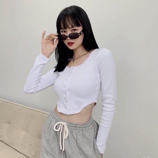 Áo croptop nữ  dài tay vạt bầu phối cúc dọc vải thun tăm co giãn Bingshop freeship