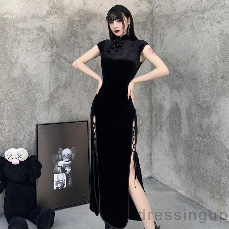 (Ulzang)! Sườn xám Black Rose đan dây nhung mẫu mới