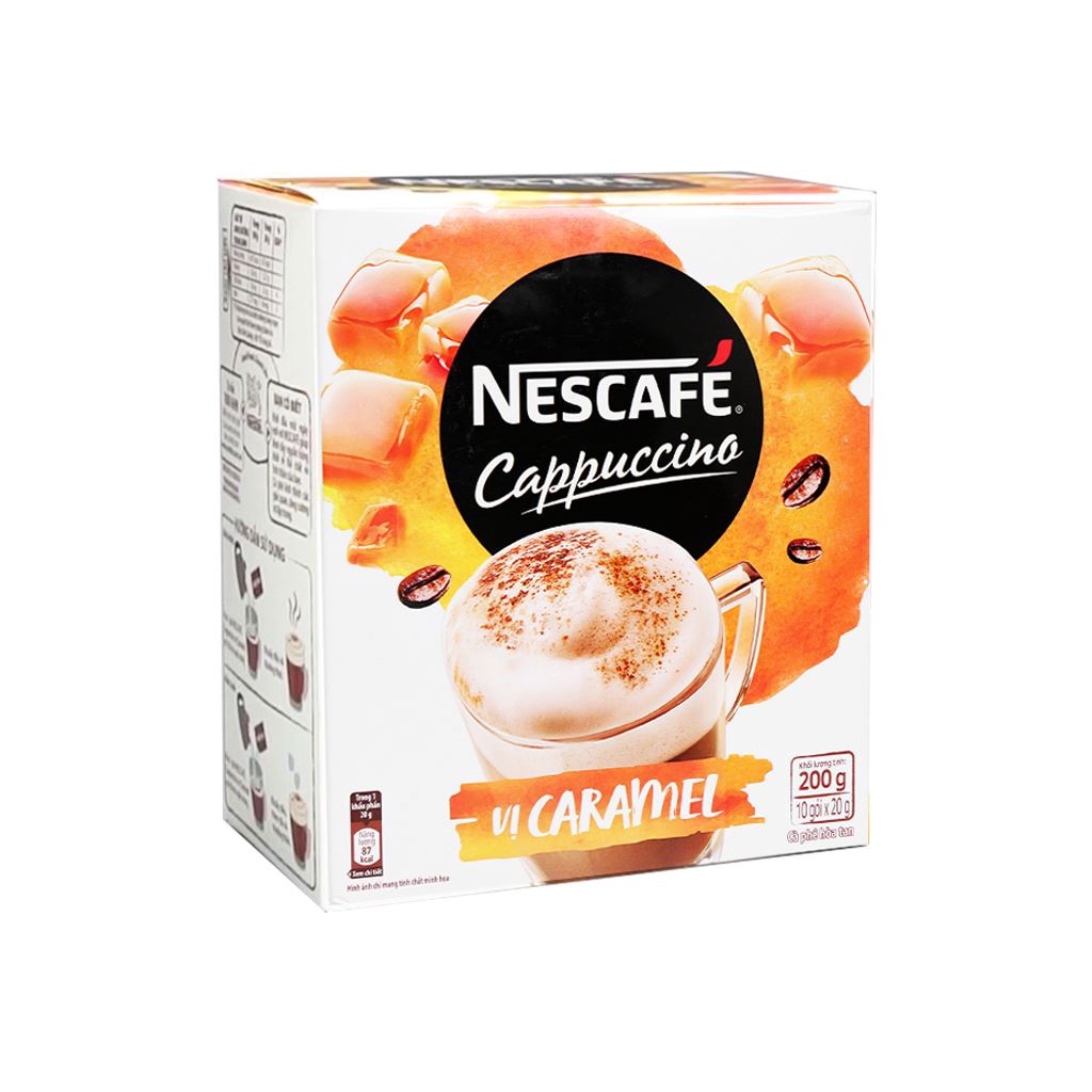 Cà phê Cappuccino Nescafe vị caramel / vị dừa hộp 10 gói 200g