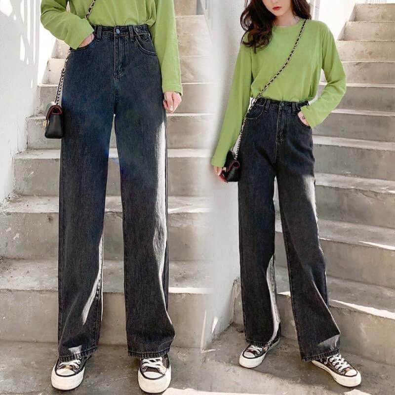 Quần jean nữ ống rộng cạp cao form dài chất jean mềm