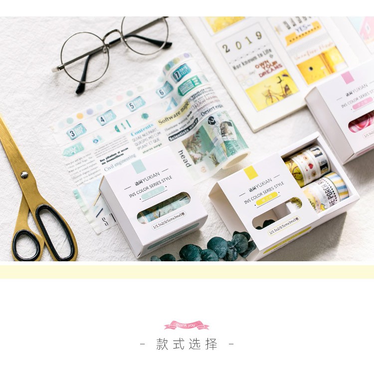 Hộp 5 cuộn băng dính trang trí washi tape ins color series style