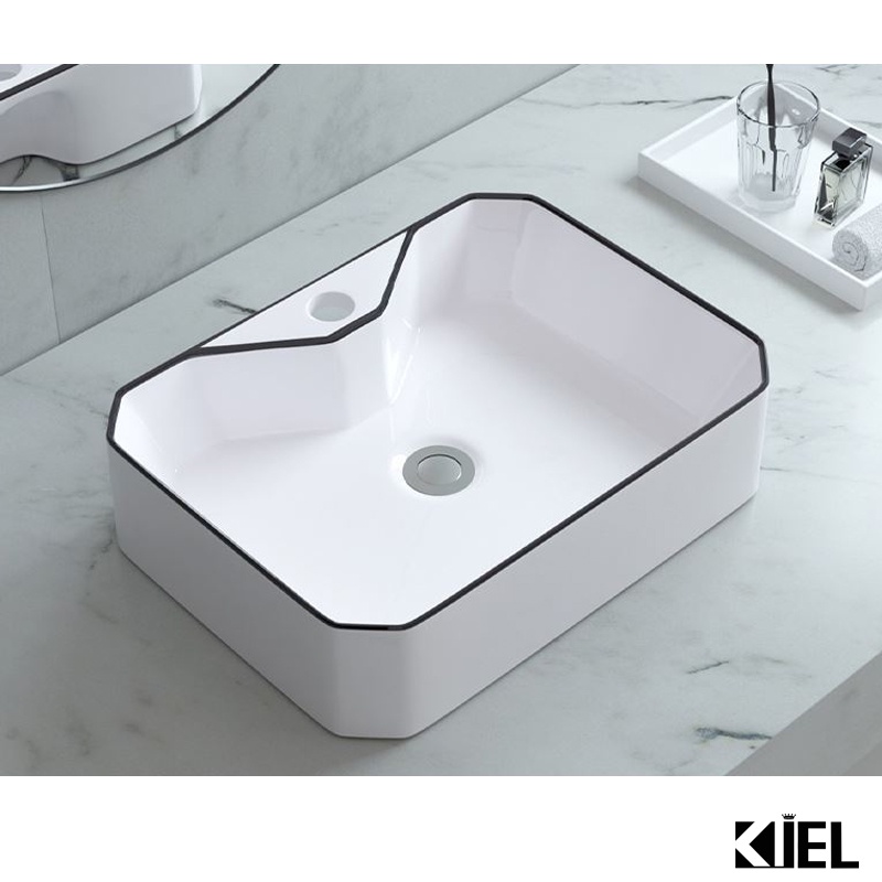 Chậu rửa mặt lavabo đặt bàn chữ nhật viền đen hàng chính hãng cao cấp - bảo hành 10 năm men sứ .