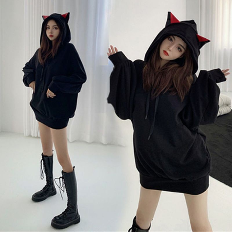 Áo Hoodie Nhung Dày Dặn Đính Tai Mèo Dễ Thương Xinh Xắn Cho Nữ