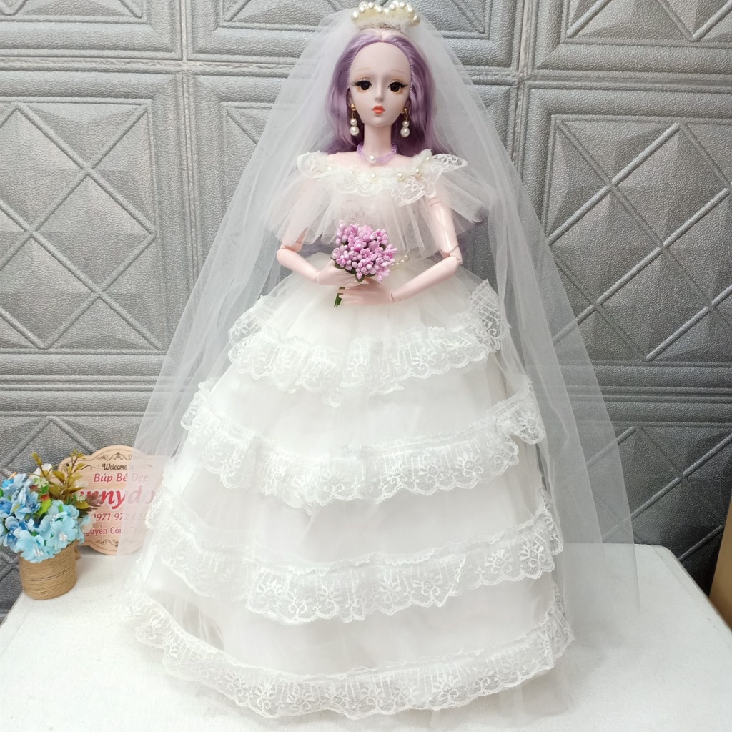 Váy Cưới Cô Dâu Đẹp,Thiết Kế Sang Trọng Cho Búp Bê BJD Cao 60cm Tặng Trang Sức