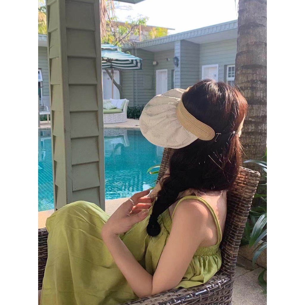 Mũ Cói Hở Đầu Phối Vải Hoa Văn 2 Mặt Vành Rộng P2137