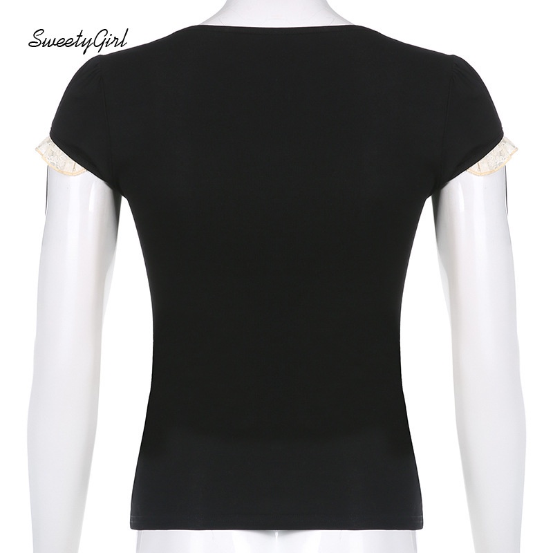 Áo Thun Tay Ngắn Cổ Vuông Dáng Ôm Phối Ren Màu Sắc Tương Phản Thời Trang Cho Nữ