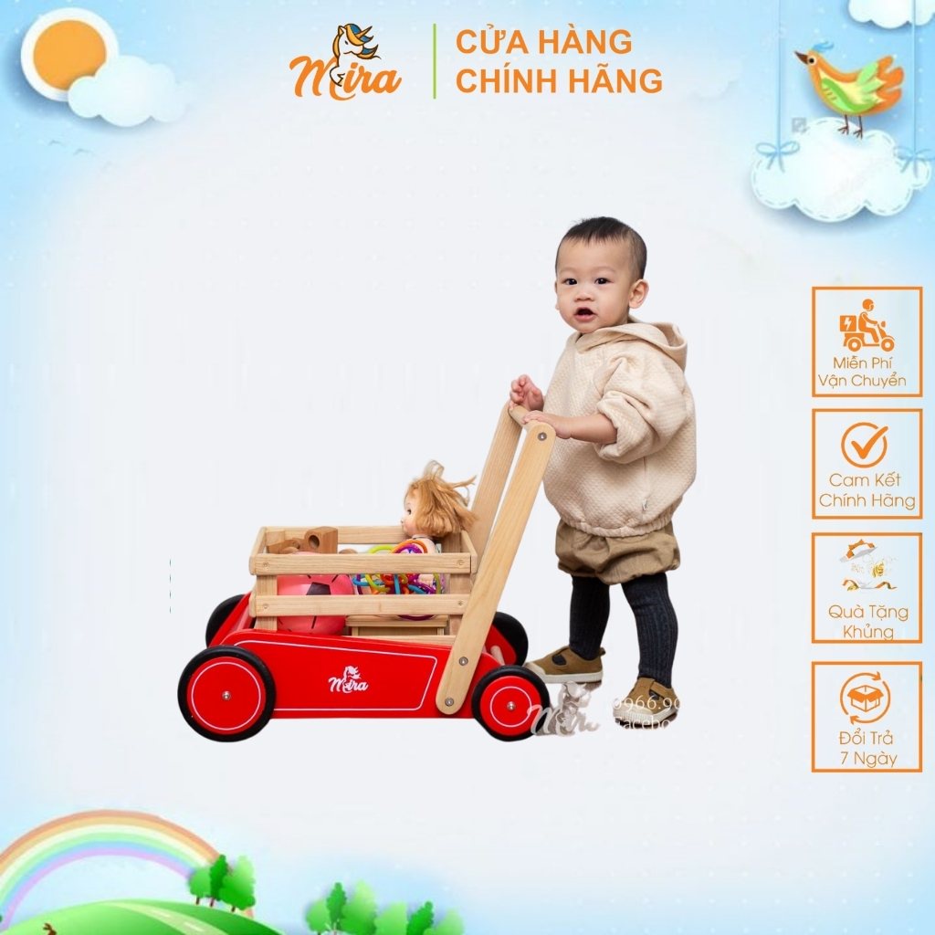 Xe thùng tập đi Mira, thiết kế độc quyền, tiêu chuẩn XE TẬP ĐI CHUẨN, gỗ tự nhiên, chống trượt - Mira toys