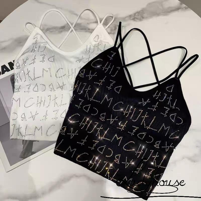 Áo Hai Dây Ôm Dáng In Chữ Đính Đá Có Đệm Ngực Gợi Cảm Cho Nữ