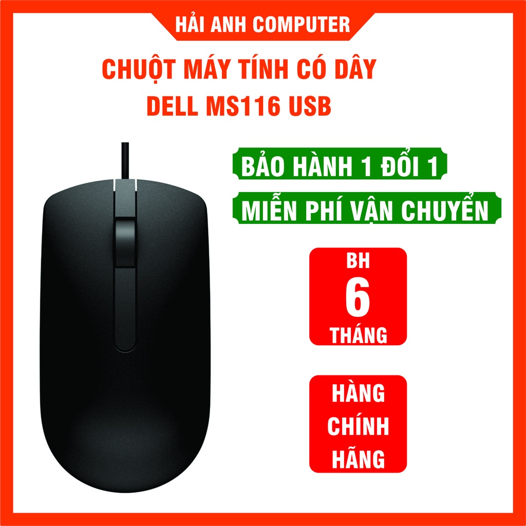 Chuột máy tính có dây siêu bền Dell MS116 - Kết nối USB - Tương thích máy Dell, Asus, HP, Lenovo - Hàng chính hãng