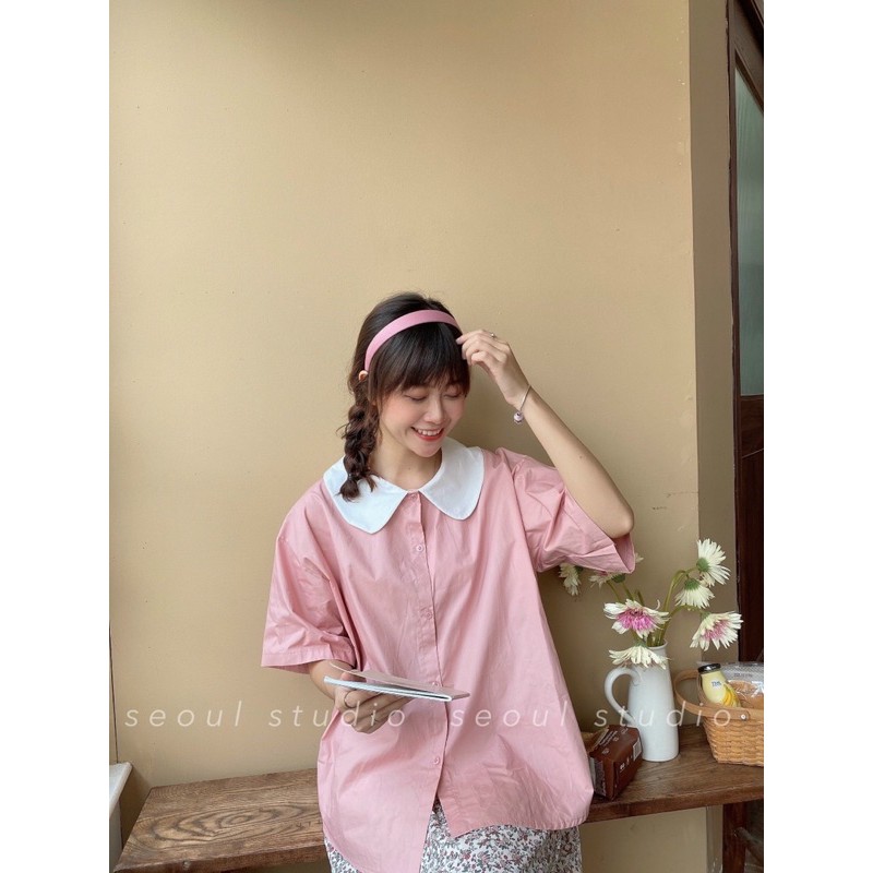 💗Set Đồ Nữ Màu Hồng Pastel Set Áo Sơ Mi Hồng Phối Chân Váy Hoa Nhí