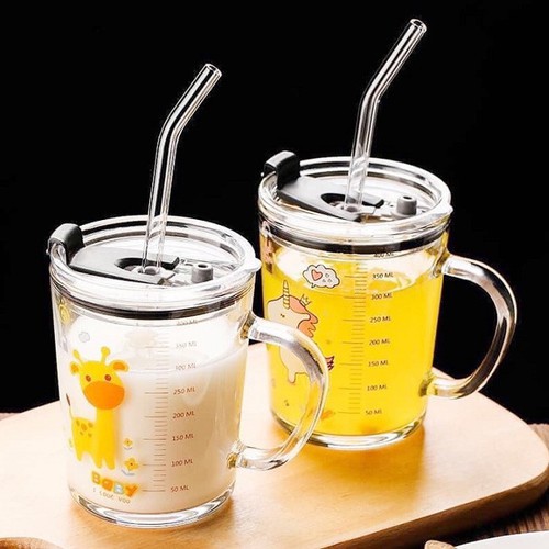 CỐC PHA SỮA THUỶ TINH CHIA VẠCH SIÊU TIỆN LỢI CÓ NẮP VÀ ỐNG HÚT CHO BÉ 350ML