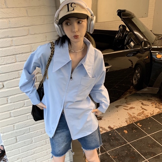 Áo sơ mi ZHELIHANGFEI tay dài dáng rộng phối khóa kéo hai chiều phong cách học đường thời trang dành cho nữ