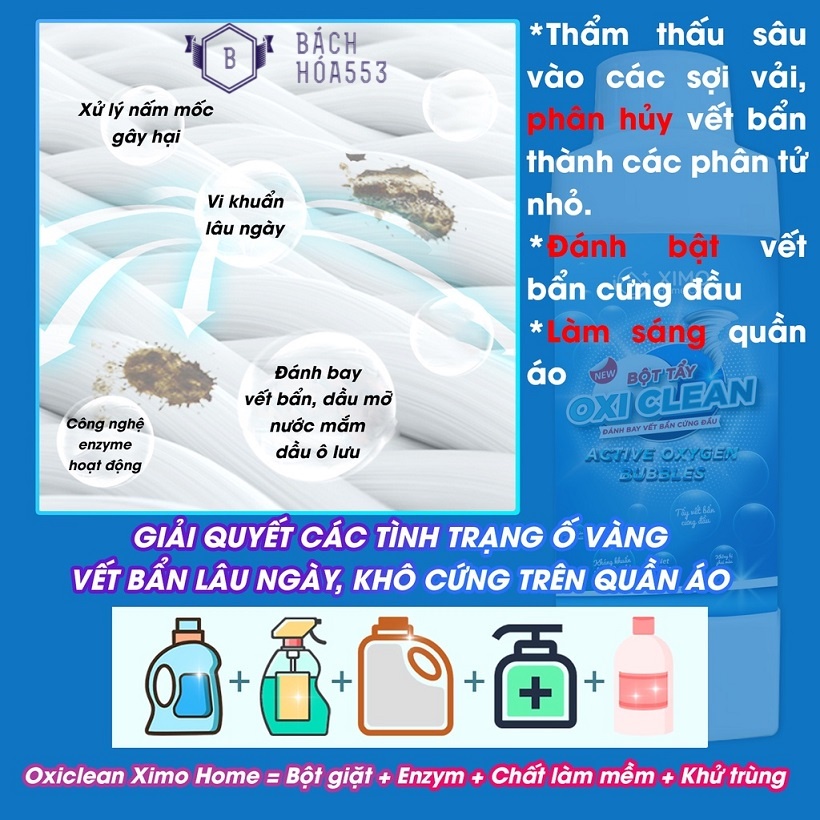 Bột tẩy vết bẩn đa năng Oxi Clean Home Ximo 350g - Tẩy vết bẩn, nấm mốc, ố vàng, khử khuẩn an toàn