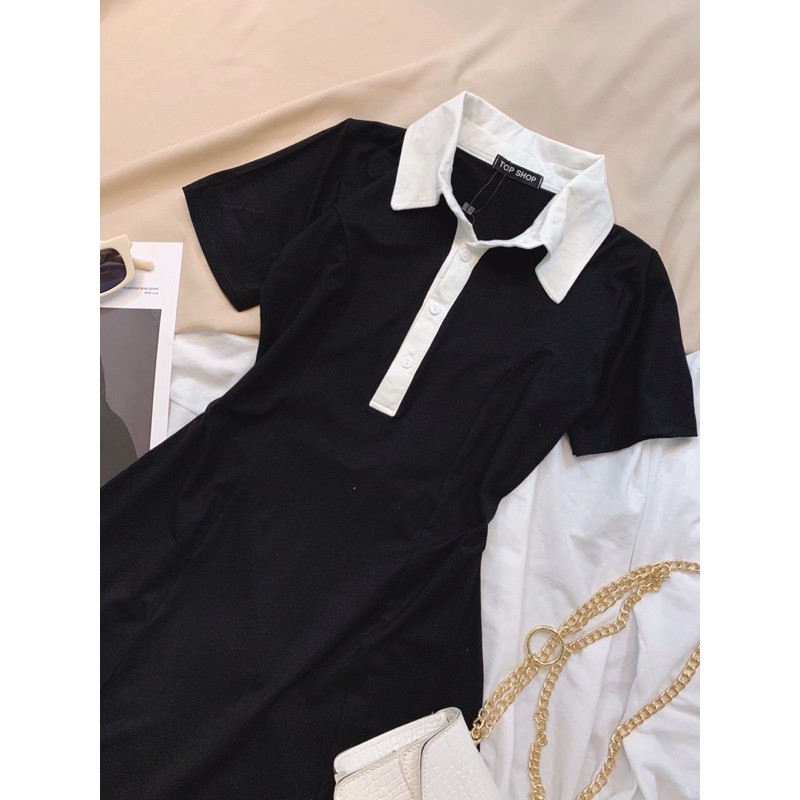 [HÀNG CAO CẤP] Đầm xoè trơn dáng chữ A cổ polo viền