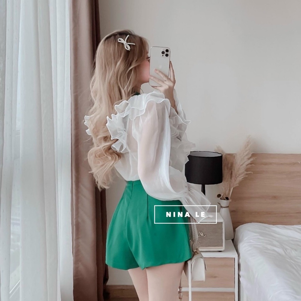 sét áo tay dài cổ thắt nơ bèo vai kèm quần đùi thoáng mát
