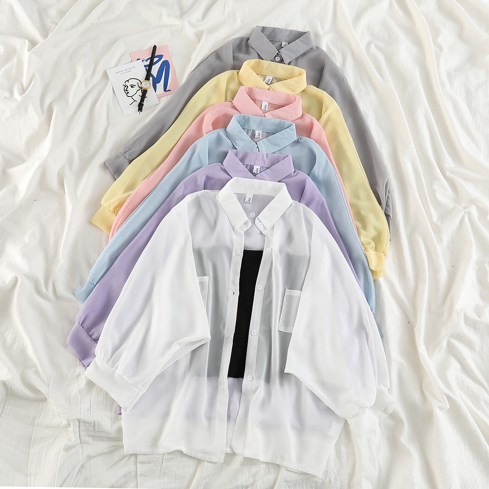 Áo sơ mi voan mỏng tay dài dáng rộng xinh xắn dành cho nữ