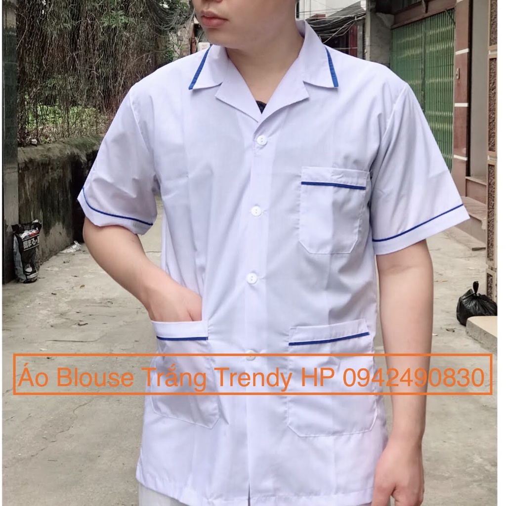 Bộ quần áo blouse trắng điều dưỡng nam nữ có viền xanh - bộ blouse trắng y tá cộc tay, dài tay