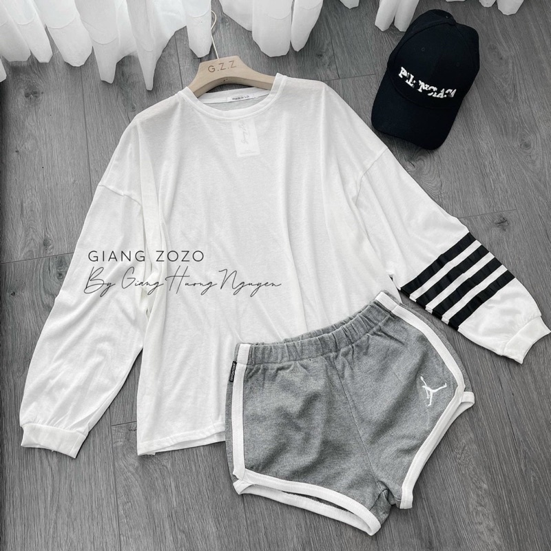 Set áo thun viền tay mix quần short viền sọc