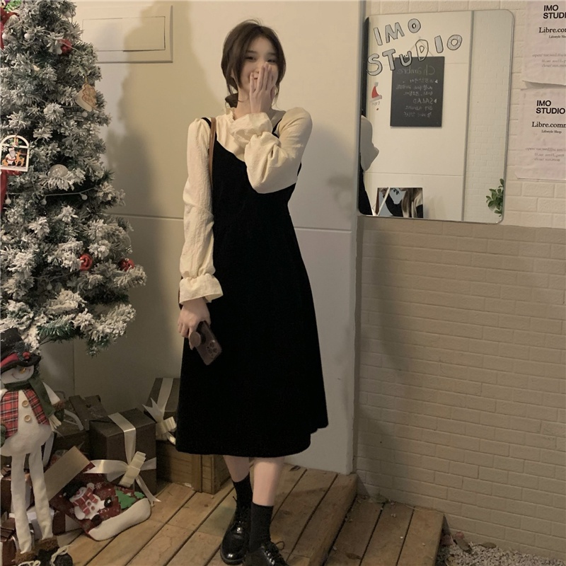 Đầm nhung chữ A cổ tròn dài tay hai lớp phong cách cổ điển 48375