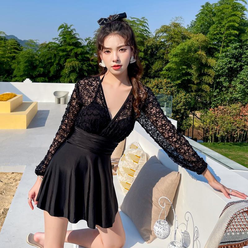 Bikini đi biển kín đáo 1 mảnh liền váy - Đồ bơi nữ tay dài liền thân có quần