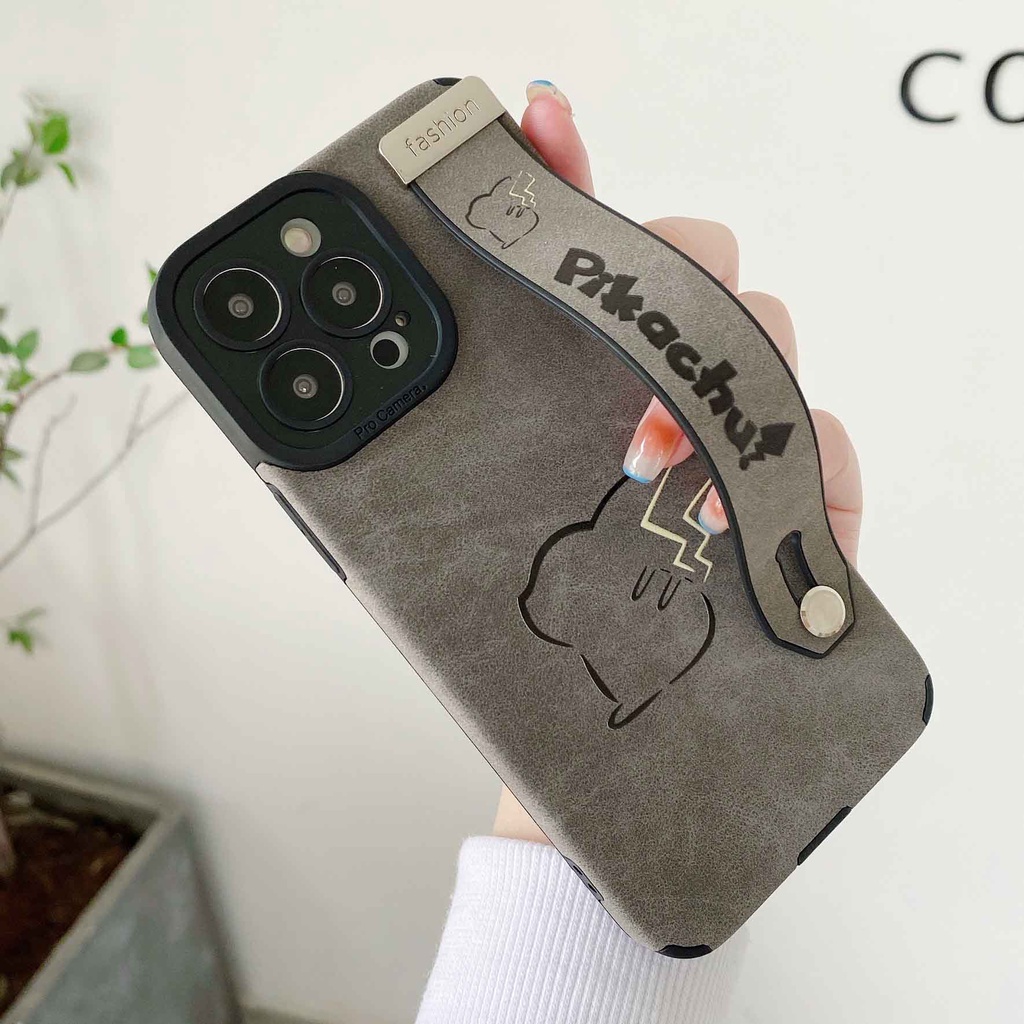 Ốp Điện Thoại Da Lộn In Hoạt Hình Pikachu Kèm Dây Đeo Cho iPhone 14ProMax 13 12Pro 11Promax 7P XS XR
