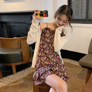 (ORDER) Váy hai dây hoa màu retro xòe A-line+ Áo cardigan len dệt kim mỏng style Hàn Quốc mùa hè (new_arrivals)