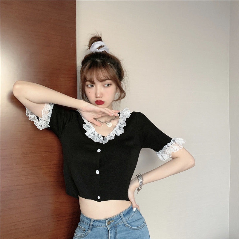 Áo dệt kim tay ngắn phối ren dáng ôm phong cách mùa hè thời trang cho nữ