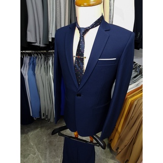 Bộ vest nam màu xanh navy chất vải cotton nhập khẩu chéo 79 dày mịn tặng cà vạt ghim cài