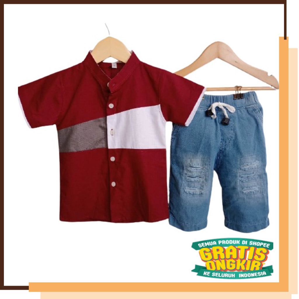 Set Áo Sơ Mi Và Quần Short DENIM Phong Cách Hàn Quốc Cho Bé Trai 1-9 Tuổi