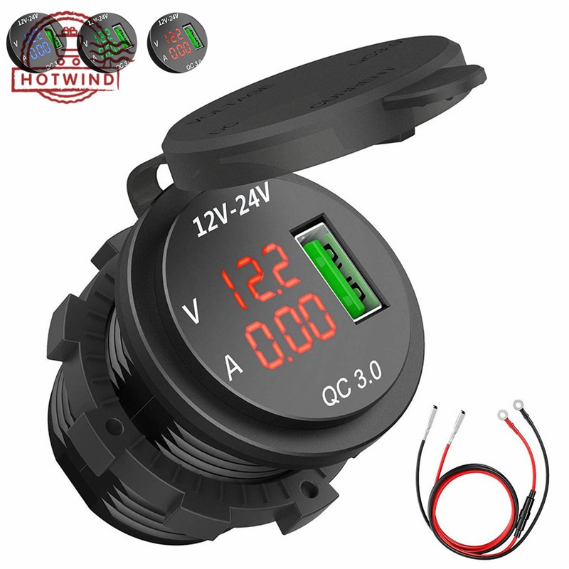 HW Củ sạc QC USB 3.0 kèm chức năng vôn kế chất lượng cao cao cho xe máy và ô tô