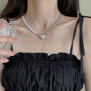 IF YOU Dây chuyền   màu bạc mặt trái tim phối ngọc trai giả tua rua thời trang