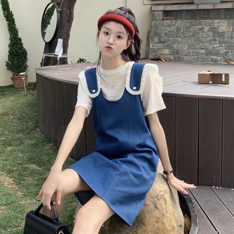 Đầm Yếm Denim Mỏng Thời Trang Mùa set yếm cao bồi Set Áo Thun Tay Phồng Kèm Váy Denim 2 Món Thời Trang Trẻ Trung